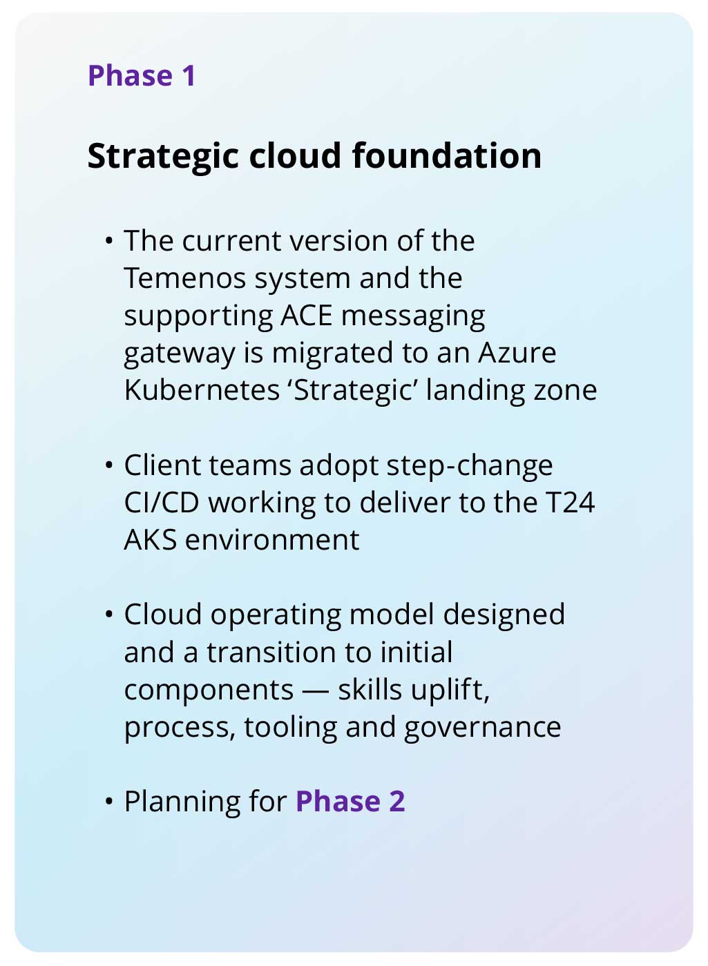 Temenos cloud enablement — three-phase execution table